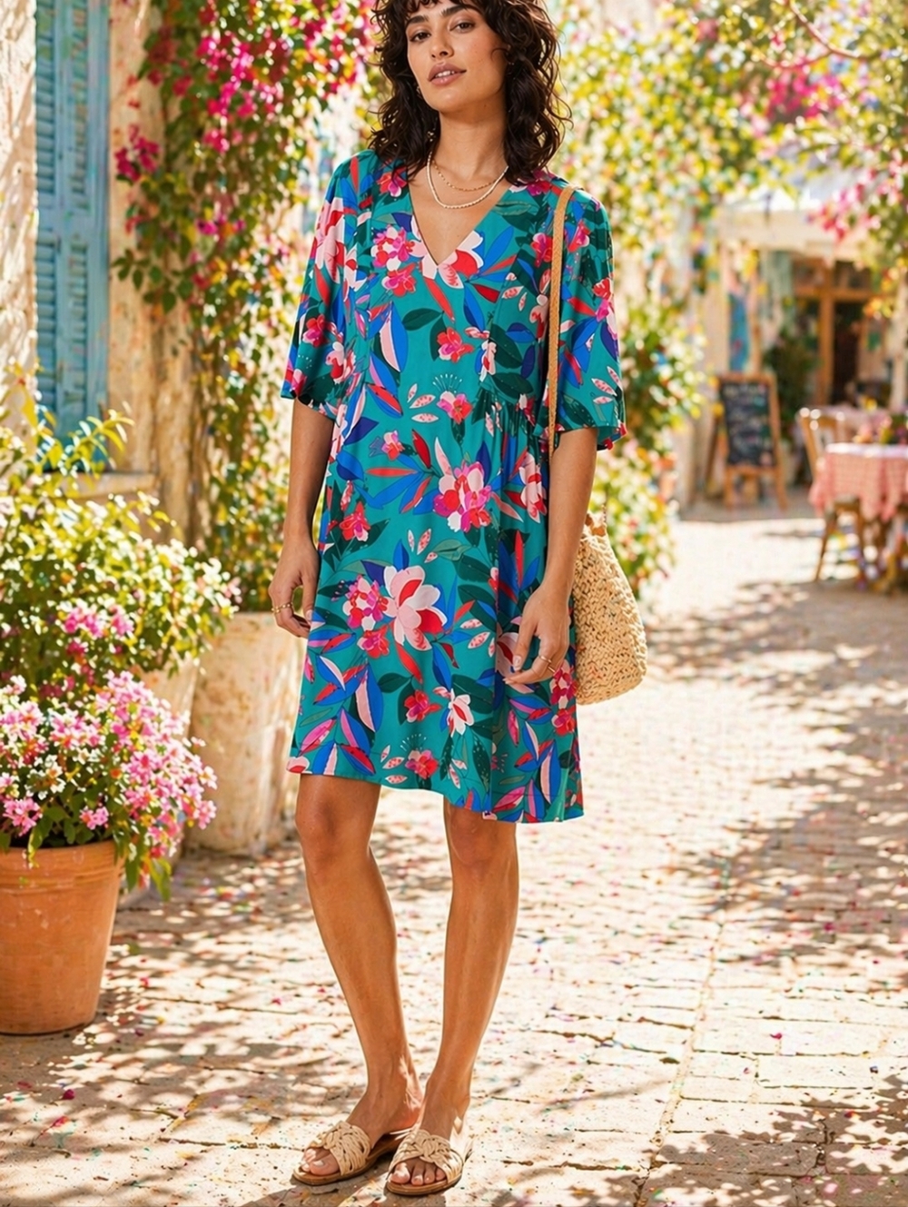 NWT Grace & Mila Teal Floral V-Neck Shift Dress Oversized Boho Cottagecore Flowy - Picture 2 of 12